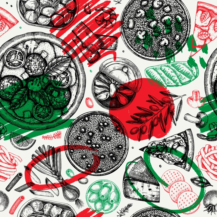 Italian cuisine vector background. Hand drawn pizza, pasta, tinned fish canape and risotto with mushrooms sketches. Mediterranean food seamless pattern in collage style. Trendy menu design
